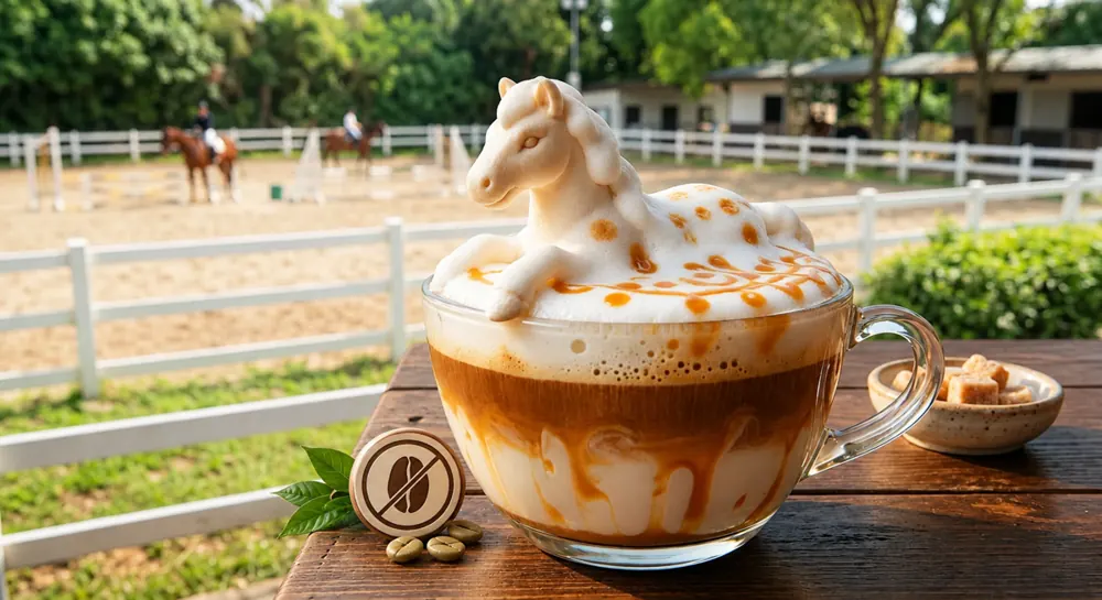 無咖啡因焦糖飲品：奶泡小馬造型，背景是馬場