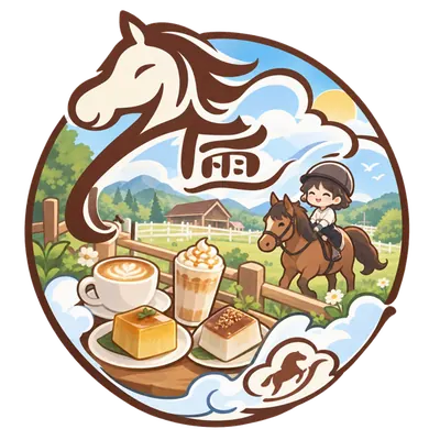創辦人傅雨樂的插畫形象：馬頭雲朵、馬場與咖啡點心