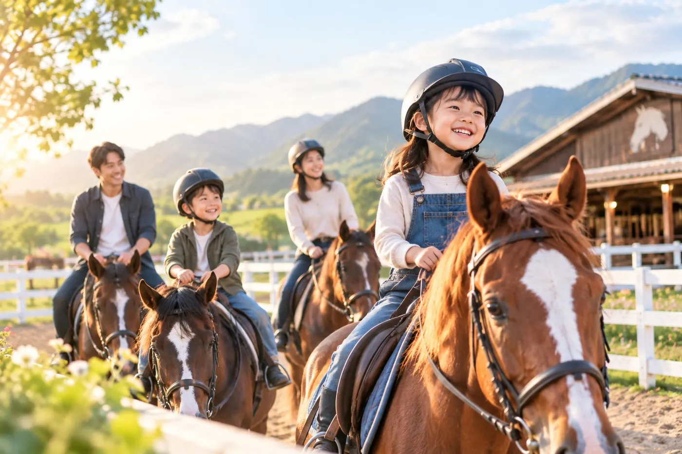 一家人在馬場騎馬，小女孩笑得很開心