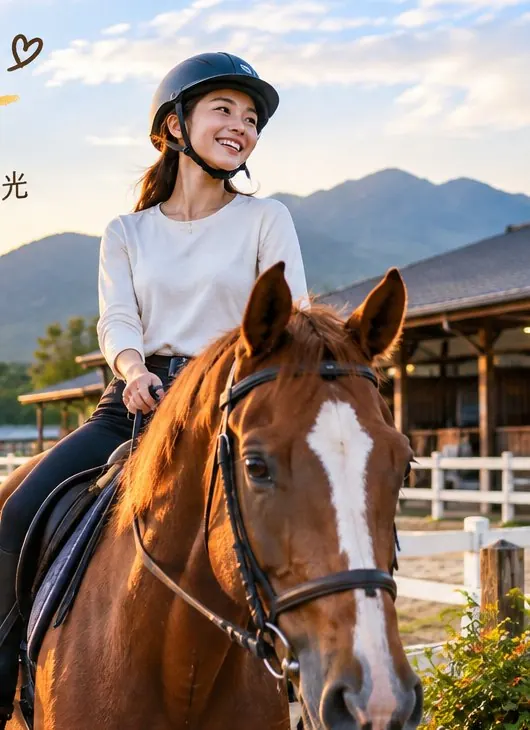 馬場上騎著棕色馬微笑的騎士